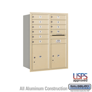 11 Door High Recessed Mounted 4C Horizontal Mailbox with 10 Doors and 2 Parcel Lockers in Sandstone with USPS Access - Rear Loading